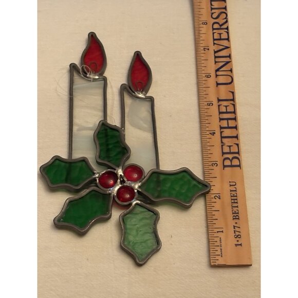 Vintage Leaded Stained Glass Christmas Candles Holly Berries Sun Catcher 8” - Picture 4 of 5